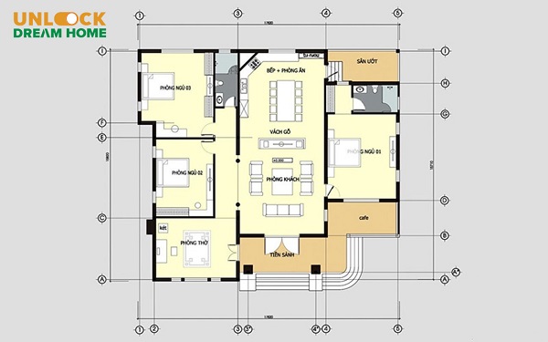 Bản vẽ nhà 1 tầng 3 phòng ngủ phong cách thiết kế sang trọng