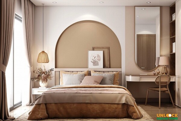 Phòng ngủ bố trí đơn giản với gam màu nâu cho người mệnh Thổ